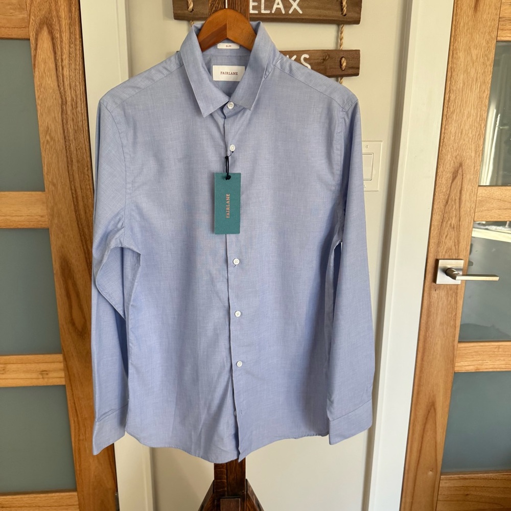 Fairlane Wrinkle Free Easy Care Oxford Dress Shirt Blue Cotton Med Slim Fit NWT - Picture 2 of 12
